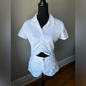 Zara White Short Sleeve Ruched Crop Top. Size MED